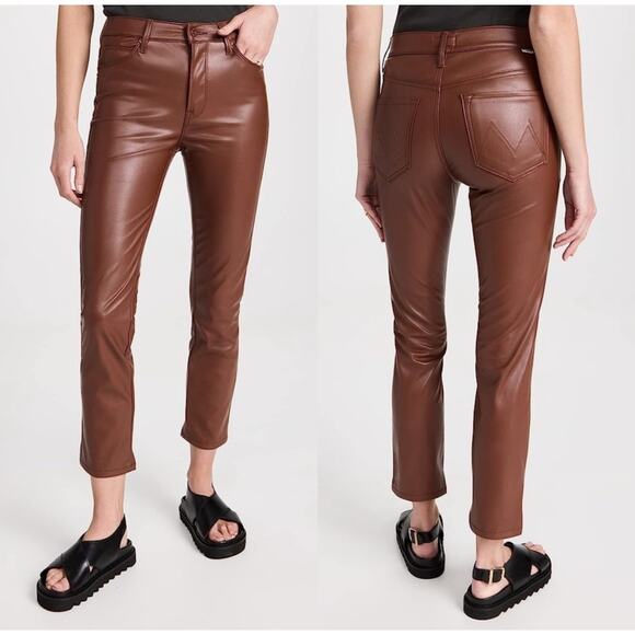 MOTHER The Mid Rise Dazzler Straight Leg Pants Friar Brown Faux Leather Size 27 - Picture 1 of 6